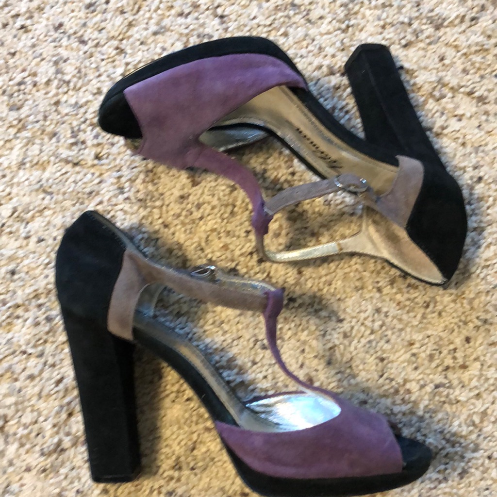 Beverly Feldman Purple And Black T-Strap Heels
